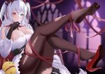  1girl absurdly_long_hair absurdres azur_lane belt black_belt black_gloves blue_eyes bound breasts brown_legwear cleavage detached_sleeves dress elbing_(azur_lane) elbing_(the_throne_of_misfortune)_(azur_lane) gloves hairband heterochromia high_heels highres large_breasts long_hair manjuu_(azur_lane) official_alternate_costume oxygen_mask_(oxygenmask233) pantyhose red_eyes red_footwear red_hairband red_ribbon ribbon shadow soles solo tied_up_(nonsexual) toes torn_clothes torn_legwear very_long_hair white_dress 