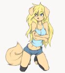  5_fingers anthro arm_tuft arms_under_breasts black_nose blonde_hair blue_eyes bottomwear breasts canid canine canis cheek_tuft cleavage clothed clothing cowlick domestic_dog elbow_tuft eyebrow_through_hair eyebrows eyelashes facial_tuft female fingers floppy_ears fur grey_background hair hair_over_eye hi_res kneeling leaf_(eipril) leaning leaning_forward leg_tuft leg_warmers legwear long_hair looking_at_side mammal midriff navel off_shoulder one_eye_obstructed shirt shorts simple_background solo tank_top tinygaypirate topwear translucent translucent_hair tuft yellow_body yellow_fur 
