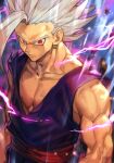  1boy aura biceps collarbone dougi dragon_ball dragon_ball_super dragon_ball_super_super_hero gohan_beast hungry_clicker looking_at_viewer muscular muscular_male red_eyes serious solo son_gohan spiked_hair spoilers v-shaped_eyebrows white_hair 