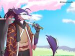  absurd_res anthro asian_clothing bottomwear cel_shading cherry_blossom clothed clothing cosmic_noodle digital_media_(artwork) east_asian_clothing fingers fur hi_res holding_object holding_weapon japanese_clothing katana kimono male melee_weapon multicolored_body multicolored_fur outside plant purple_body purple_fur scarf sergal shaded simple_background solo sword topwear tree two_tone_body two_tone_fur weapon white_body white_fur 