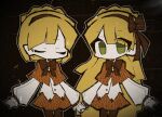  1boy 1girl blonde_hair brown_hairband brown_legwear brown_ribbon capelet closed_eyes closed_mouth commentary deformed eyes_visible_through_hair green_eyes hairband lobotomy_corporation long_hair long_sleeves look-alike matching_outfit neck_ribbon orange_capelet orange_skirt pantyhose pleated_skirt project_moon ribbon shirt short_hair skirt suzua0421 tiphereth_a_(project_moon) tiphereth_b_(project_moon) white_shirt 