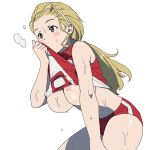  1girl areola_slip blonde_hair breasts clothes_lift covered_nipples cowboy_shot girls_und_panzer hairband hand_on_own_knee highres large_breasts leaning_forward long_hair onsen_tamago_(hs_egg) ponytail red_shirt red_shorts sasaki_akebi shirt shirt_lift short_shorts shorts simple_background sleeveless sleeveless_shirt solo sportswear sweat sweating_profusely two-tone_shirt volleyball_uniform white_background white_hairband white_shirt wiping_face yellow_eyes 