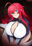  1girl ahoge black_bow blue_eyes bow bowtie breasts capelet cleavage closed_mouth head_tilt high_school_dxd huge_breasts kneehighs kneeling kuoh_academy_school_uniform long_hair looking_at_viewer neocoill red_hair rias_gremory school_uniform smile solo very_long_hair white_legwear wooden_floor 