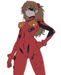  1girl bangs blue_eyes bodysuit breasts cameltoe closed_mouth covered_nipples cowboy_shot eyepatch from_below hairpods hand_on_hip highres long_hair looking_at_viewer medium_breasts neon_genesis_evangelion onsen_tamago_(hs_egg) orange_hair plugsuit red_bodysuit simple_background solo souryuu_asuka_langley standing tape white_background 