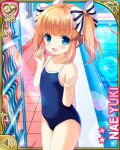  1girl blue_eyes blue_swimsuit blush brown_hair character_name clothes_pull covered_navel girlfriend_(kari) long_hair looking_at_viewer official_art one-piece_swimsuit open_mouth outdoors pool poolside qp:flapper ribbon school_swimsuit smile solo swimsuit thighs twintails yuuki_nae 