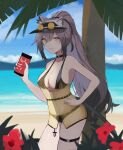  1girl animal_ears arknights beach bikini black_bikini black_choker breasts can cat_ears cat_girl cat_tail choker cleavage collarbone cowboy_shot grey_hair hair_between_eyes hand_on_hip highres holding holding_can large_breasts long_hair multico outdoors palm_tree parted_lips ponytail sand schwarz_(arknights) shirt sidelocks smile solo swimsuit tail thigh_strap tree water yellow_eyes yellow_shirt 
