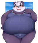  2022 alp_(tas) anthro belly big_belly black_nose blush bulge clothing giant_panda hi_res kemono kusosensei lifewonders male mammal obese obese_male one-piece_swimsuit overweight overweight_male purple_body solo swimwear tokyo_afterschool_summoners ursid video_games white_body 
