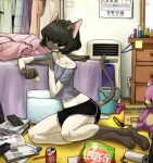  2022 absurd_res anthro barefoot bed black_bottomwear black_clothing black_hair black_shorts blue_eyes book bottomwear breasts calendar chips_(food) clothing detailed_background domestic_cat dr_pepper eraser feet felid feline felis female food furniture hair hi_res holding_chips_(food) looking_at_viewer mammal messy_room pen phone plushie shirt shorts shurueder sitting smile solo topwear weights whiskers 