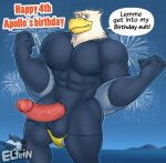  4th_of_july accipitrid accipitriform animal_crossing anthro apollo_(animal_crossing) avian bald_eagle balls beak bird clothing eagle elfein erection fireworks genitals hi_res looking_at_viewer male muscular muscular_male muscular_thighs nintendo nipples nude outside penis sea_eagle solo undressing video_games 