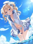  1girl ass_visible_through_thighs bangs barbara_(genshin_impact) barbara_(summertime_sparkle)_(genshin_impact) bikini bikini_under_clothes blonde_hair blue_bikini blue_eyes blue_pupils blue_sky blush breasts bubble cleavage cloud cloudy_sky detached_sleeves dot_nose drill_hair dutch_angle flower frilled_shirt frills front-tie_top genshin_impact hair_flower hair_ornament hand_in_own_hair hand_on_own_thigh hand_up highres i_ruru leaning_forward long_sleeves looking_down medium_breasts navel open_clothes open_shirt parted_lips ringlets shirt sidelocks sky sleeveless sleeveless_shirt solo standing stomach sunlight swimsuit thigh_gap thigh_strap thighs twin_drills water white_headwear 