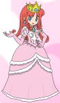  bandmewtwo-007 blue_eyes crown dress earrings gloves jewelry long_hair orange_hair pink_background pink_dress pink_gloves princess_shokora red_hair shokora-hime wario_land wario_land_4 