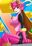  1girl :d absurdres alternate_breast_size blonde_hair bodysuit breasts capcom close-up commentary gear_(gg2sol) gloves green_eyes heart heart-shaped_eyes highres large_breasts leotard long_hair looking_at_viewer mega_man_(series) mega_man_battle_network netnavi open_mouth pink_bodysuit pink_footwear pink_gloves pink_leotard roll.exe_(mega_man) sitting skin_tight smile 