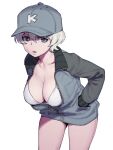  1girl absurdres baseball_cap bikini bikini_top_only breasts cleavage girls_und_panzer grey_eyes grey_headwear grey_jacket hands_in_pockets hat highres jacket large_breasts leaning_forward no_pants onsen_tamago_(hs_egg) partially_unzipped short_hair simple_background solo string_bikini swimsuit white_background white_bikini white_hair youko_(girls_und_panzer) zipper zipper_pull_tab 