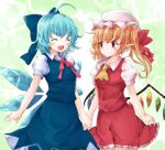  2girls ahoge alternate_hair_color ascot blue_bow blue_dress blue_hair blush bow bowtie breasts buttons cirno closed_eyes closed_mouth collared_shirt commentary_request crystal dress flandre_scarlet frills green_background hat hat_ribbon hexagon ice ice_wings jewelry jyaoh0731 looking_at_another medium_breasts mob_cap multicolored_wings multiple_girls one_side_up open_mouth orange_hair pink_bow pink_bowtie pointy_ears puffy_short_sleeves puffy_sleeves red_eyes red_ribbon red_skirt red_vest ribbon shirt short_hair short_sleeves skirt smile standing tongue touhou v-shaped_eyebrows vest white_background white_headwear white_shirt wings yellow_ascot yuri 