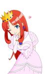  blue_eyes crown dari0116 dress earrings gloves highres jewelry long_hair one_eye_closed orange_hair pink_dress pink_gloves princess_shokora shokora-hime shokora-himr solo wario_land wario_land_4 white_background 