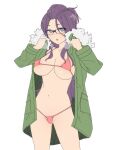  1girl bikini breasts coat covered_nipples cowboy_shot fur_trim glasses green_coat highres kagamihara_sakura large_breasts long_hair looking_at_viewer micro_bikini navel onsen_tamago_(hs_egg) open_mouth pink_bikini simple_background solo standing string_bikini swimsuit white_background yurucamp 