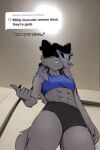  ... abs anonymous_artist anthro bra canid canine canis clothing dialogue female fur hair highlights_(coloring) long_hair mammal mildly_muscular_women_think_they&#039;re_gods muscular muscular_female parody solo sports_bra sports_panties sportswear talking_to_viewer text underwear wolf 