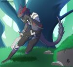  absurd_res anthro armor beak bottomwear branch capcom clothed clothing cosmic_noodle digital_media_(artwork) dragon flying_wyvern full-length_portrait fur grass grey_body hi_res holding_object holding_weapon looking_at_viewer male melee_weapon monster_hunter multicolored_body multicolored_fur nargacuga outside plant portrait purple_body purple_fur scalie simple_background solo sword topwear tree two_tone_body two_tone_fur video_games weapon wyvern 