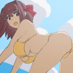  1girl all_fours bikini bow breasts brown_hair cloud cowboy_shot day dutch_angle from_behind girls_und_panzer hair_bow highres kondou_taeko large_breasts long_hair looking_at_viewer onsen_tamago_(hs_egg) open_mouth outdoors red_bow sky solo string_bikini swimsuit underboob yellow_bikini 