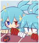  2boys animal_ears blue_eyes blue_hair blush_stickers bug furrification furry gloves heterochromia highres ladybug leslietheluna multiple_boys open_mouth puyopuyo red_eyes short_hair sig_(puyopuyo) single_glove white_gloves 