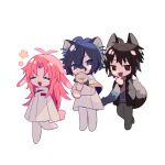  3boys ahoge animal_ears black_jacket blue_eyes blue_tail brown_hair brown_tail capelet cat_boy cat_ears cat_tail chibi chinese_commentary closed_eyes closed_mouth commentary_request finger_to_own_chin flower fox_boy fox_ears fox_tail grey_pants hair_between_eyes hand_in_pocket harada_minoru hatsutori_hajime high_collar holding holding_flower jacket kunkun_(ikunsleep) long_hair male_focus multiple_boys open_clothes open_jacket open_mouth pants pink_tail purple_sweater rabbit_boy rabbit_ears rabbit_tail red_eyes rose saibou_shinkyoku shirt simple_background smile star_(symbol) sweater tail turtleneck turtleneck_sweater utsugi_noriyuki white_background white_capelet white_flower white_pants white_rose white_shirt 