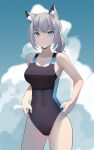  1girl absurdres animal_ear_fluff animal_ears bangs bare_arms bare_shoulders black_swimsuit blue_archive blue_eyes blue_sky breasts cleavage closed_mouth cloud cloudy_sky collarbone commentary_request covered_navel day gar32 grey_hair hair_ornament highres looking_at_viewer medium_breasts one-piece_swimsuit outdoors shiroko_(blue_archive) shiroko_(swimsuit)_(blue_archive) sky solo standing swimsuit 