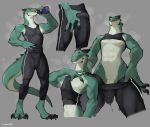  2022 anthro bebebebebe biped bodily_fluids bulge claws clothing digital_media_(artwork) digitigrade erection finger_claws green_body grey_background hi_res male reptile scalie simple_background solo sweat tight_clothing toe_claws white_body 