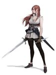  1girl belt braid breasts brown_hair cleavage dagger dongho_kang highres holding holding_weapon knife long_hair original scabbard sheath solo sword weapon 