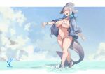  1girl ^_^ absurdres alternate_breast_size artist_logo bangs bare_legs bikini bikini_under_clothes blowhole blue_hair blue_shirt breasts cetacean_tail choker closed_eyes collarbone common_bottlenose_dolphin_(kemono_friends) covered_nipples day dolphin_girl dorsal_fin fins full_body grey_hair groin hair_between_eyes halterneck happy head_fins highleg highleg_bikini highres horizon iparupua kemono_friends large_breasts letterboxed long_hair micro_bikini multicolored_hair navel no_pants ocean older open_clothes open_mouth open_shirt outdoors outstretched_arms outstretched_hand shirt shoes sky smile solo splashing spread_fingers stomach swimsuit tail tail_fin wading walking water white_bikini white_swimsuit 