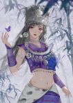  1girl absurdres armband bamboo black_hair bug butterfly crown hair_ornament hand_up highres jewelry long_hair looking_to_the_side necklace purple_shirt purple_skirt qin_shi_ming_yue shi_lan_(qin_shi_ming_yue) shi_lan_ba_guan_bo shirt skirt solo upper_body 