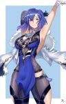  1girl absurdres arcedo armpits arms_up asymmetrical_gloves bangs bare_shoulders black_gloves blue_background blue_eyes blue_hair border breasts catria_(fire_emblem) cleavage commentary cosplay cowboy_shot elbow_gloves fire_emblem fire_emblem:_mystery_of_the_emblem fur-trimmed_jacket fur_trim genshin_impact gloves grin headband highres jacket large_breasts looking_at_viewer mismatched_gloves short_hair sleeveless smile solo standing thighs white_border white_gloves white_jacket yelan_(genshin_impact) yelan_(genshin_impact)_(cosplay) 