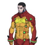  1boy black_eyes black_hair bodysuit buzz_cut cosplay facial_hair golden_kamuy highres looking_at_viewer multicolored_bodysuit multicolored_clothes muscular muscular_male neon_genesis_evangelion onsen_tamago_(hs_egg) orange_bodysuit plugsuit red_bodysuit short_hair sideburns simple_background solo souryuu_asuka_langley souryuu_asuka_langley_(cosplay) tanigaki_genjirou upper_body very_short_hair white_background 