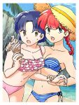  2girls beach bikini blue_hair breasts hat ice_cream_cone kamekame_087 multiple_girls navel open_mouth ranma-chan ranma_1/2 red_hair sand straw_hat swimsuit tendou_akane water 