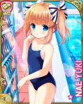  1girl blue_eyes blue_swimsuit blush brown_hair character_name clothes_pull girlfriend_(kari) long_hair looking_at_viewer official_art one-piece_swimsuit outdoors pool poolside pulled_by_self qp:flapper ribbon school_swimsuit solo swimsuit swimsuit_pull thighs twintails yuuki_nae 