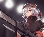  1girl arknights blurry blurry_background bow bunny_hair_ornament chainsaw eyepatch grey_background grey_hair hair_ornament hat hat_bow highres holding holding_chainsaw jacket long_sleeves medical_eyepatch medium_hair one_eye_covered orange_bow popukar_(arknights) purple_jacket red_bow red_eyes simple_background solo upper_body x_hair_ornament yanyan_(shinken_gomi) 