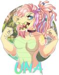  anthro blue_eyes blue_hair breasts brown_collar collar dreadlocks eyelashes facial_piercing featureless_breasts female glistening glistening_eyes green_body green_teeth hair looking_aside nose_piercing nose_ring nostril_ring open_mouth piercing pink_hair princelykaden purple_hair ring_piercing scalie solo spots spotted_body 