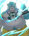  2022 ailurid anthro belly big_belly blue_body bottomwear clothing dragon_night800 hi_res kemono laz_(lazxuszz) magic male mammal moobs navel nipples overweight overweight_male red_panda shorts solo white_body 