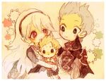  1girl 2boys black_hairband blonde_hair corrin_(fire_emblem) fire_emblem fire_emblem_fates grey_hair hairband hug kappaman looking_at_another lucas_(mother_3) mother_(game) mother_3 multiple_boys red_eyes silas_(fire_emblem) white_hair 