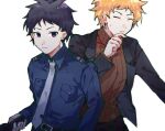  2boys aichikaochangzidehaozhangzi atou_haruki belt belt_buckle black_belt black_hair black_jacket black_pants blonde_hair blue_necktie blue_shirt breast_pocket brown_sweater buckle chinese_commentary closed_eyes closed_mouth collared_shirt commentary_request crossover finger_to_own_chin firework_(game) flashlight frown holding holding_flashlight jacket lin_lixun male_focus multiple_boys necktie open_clothes open_jacket pants pocket police police_uniform purple_eyes ribbed_sweater saibou_shinkyoku shirt simple_background suit_jacket sweat sweater tie_clip turtleneck turtleneck_sweater uniform white_background 