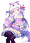  1girl animal_costume animal_feet animal_hands badge bangs blush braid breasts coffeekite fate/grand_order fate_(series) gloves grey_pants hair_ribbon highres kama_(fate) long_sleeves looking_at_viewer multicolored_sweater open_mouth pants paw_gloves purple_scarf red_eyes ribbon scarf short_hair simple_background small_breasts smile twin_braids white_background white_hair 