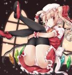  1girl ascot ass bangs black_legwear blonde_hair crystal flandre_day flandre_scarlet full_body hat jyaoh0731 looking_at_viewer mob_cap one_side_up open_mouth panties pointy_ears puffy_short_sleeves puffy_sleeves red_eyes red_footwear red_skirt short_sleeves skirt solo thighhighs touhou underwear white_headwear white_panties window wings wrist_cuffs yellow_ascot 