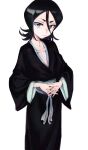  1girl absurdres black_kimono black_legwear bleach blue_eyes collarbone eyelashes hair_between_eyes highres japanese_clothes kimono kuchiki_rukia own_hands_together season_(artist) short_hair thick_eyebrows white_background 