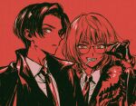  1boy 1girl akiyama_enma character_request cigarette collared_shirt copyright_request glasses gloves hair_strand hand_on_eyewear leather leather_gloves looking_at_viewer necktie original parted_lips shirt teeth 