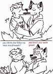  anthro anthro_on_anthro blush canid canine clothing duo eyes_closed fangs fox hi_res hoodie humor kissing male male/male mammal no_homo open_mouth riffgriffy shirt sketch tail_motion tailwag talking_to_another topwear 