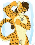  abs andromorph blue_eyes cheetah dog_tags felid feline flexing fur genitals hi_res intersex mammal markings pink_pussy pussy simple_background smile smug smug_grin spots spotted_body spotted_fur spotted_markings stryker_star 