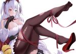  1girl absurdly_long_hair absurdres azur_lane belt black_belt black_gloves blue_eyes bound breasts brown_legwear cleavage detached_sleeves dress elbing_(azur_lane) elbing_(the_throne_of_misfortune)_(azur_lane) gloves hairband heterochromia high_heels highres large_breasts long_hair manjuu_(azur_lane) official_alternate_costume oxygen_mask_(oxygenmask233) pantyhose red_eyes red_footwear red_hairband red_ribbon ribbon simple_background soles solo tied_up_(nonsexual) toes torn_clothes torn_legwear very_long_hair white_background white_dress 