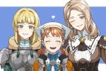  3girls ^_^ ^o^ annette_fantine_dominic armor ascot bangs black_gloves blonde_hair blue_background blue_eyes blue_ribbon blue_shirt blunt_bangs blush braid breastplate breasts brown_ascot brown_dress clenched_hands closed_eyes dress fire_emblem fire_emblem:_three_houses fire_emblem_warriors:_three_hopes fur_collar gloves green_eyes grin hair_bobbles hair_intakes hair_ornament head_scarf heart highres ingrid_brandl_galatea light_brown_hair looking_at_viewer medium_breasts medium_hair mercedes_von_martritz multiple_girls neck_ribbon official_alternate_costume official_alternate_hairstyle one_eye_closed open_mouth orange_hair parted_bangs parted_lips pauldrons ribbon shirt shishima_eichi shoulder_armor side-by-side simple_background smile tassel turtleneck twin_braids upper_body vambraces white_headwear 