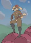  absurd_res anthro blonde_hair blue_sky borisramos breasts canid canine canis clothing cloud collar cuphead_(game) domestic_dog dominant dominant_female female genitals gloves hair handwear hi_res high_heels humanoid_genitalia hunting_dog legwear mammal nipples nude pilot_saluki_(cuphead) pink_nipples pubes pussy saluki sighthound sky smile solo stockings tongue toony video_games whip yellow_tail 