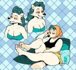  2022 4_toes anthro barefoot breasts cleavage clothed clothing feet female fur hair headscarf hi_res mammal mature_anthro mature_female pillow procyonid raccoon silverscarf sitting solo teal_hair thick_thighs toes white_body white_fur 