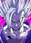  1boy dragon_ball dragon_ball_super dragon_ball_super_super_hero electricity gohan_beast grey_hair grin liedein looking_at_viewer male_focus red_eyes smile solo son_gohan spiked_hair spoilers upper_body white_hair 